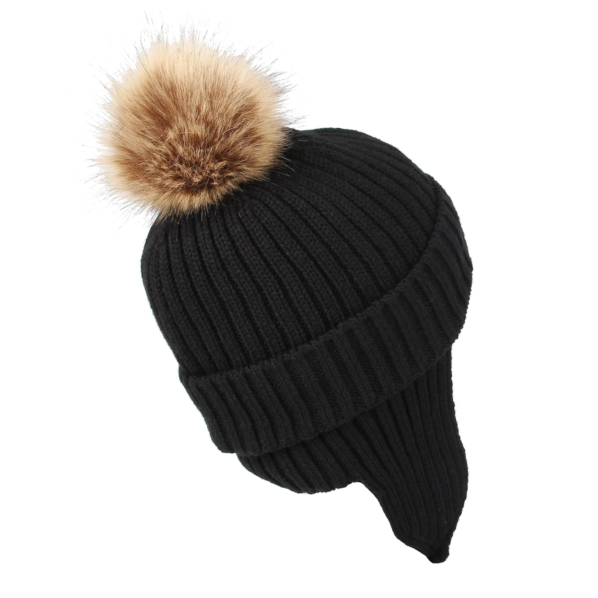 Ribbed Knit Beanie Velour Lining Hat Pom Earflaps Cap BZ70012