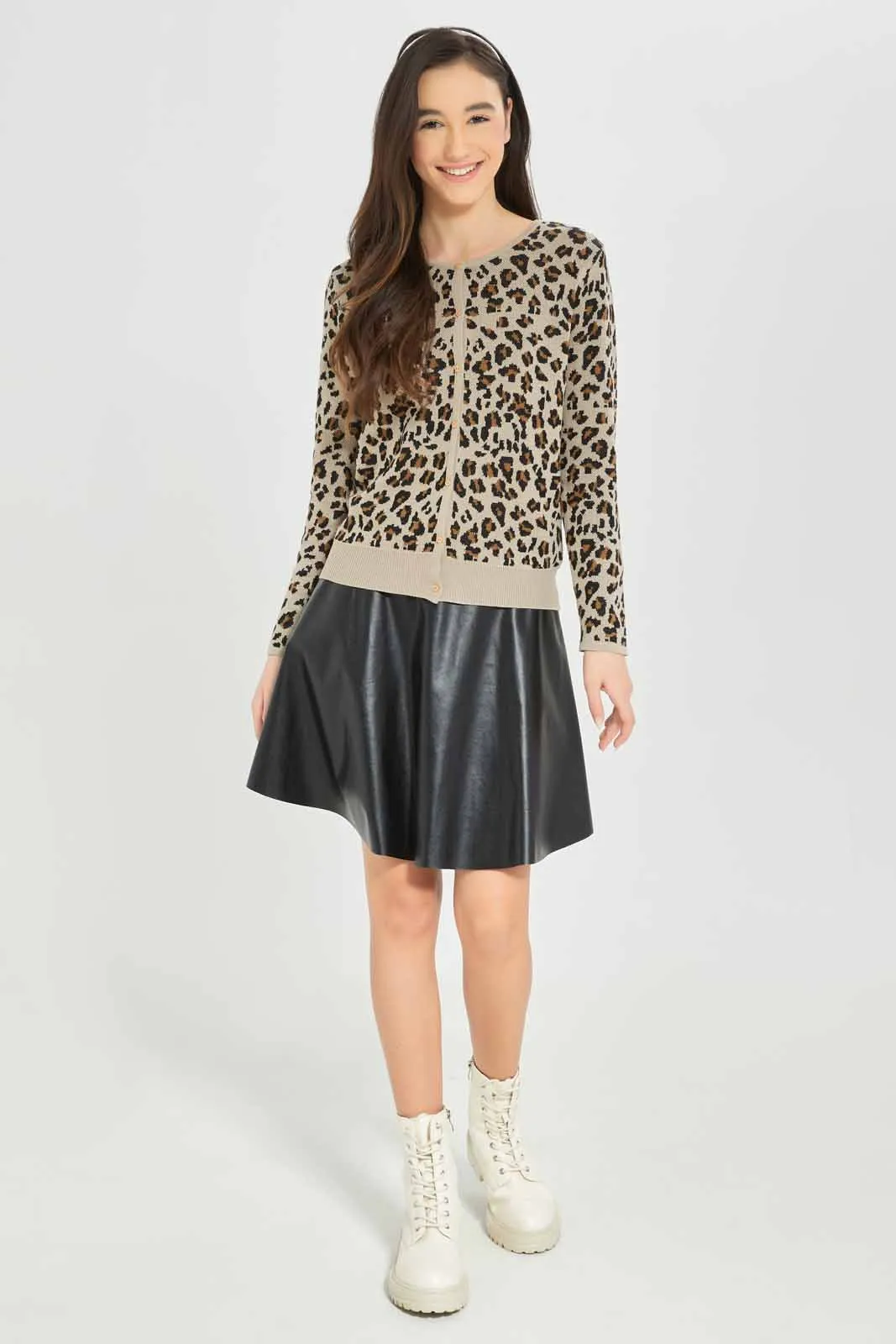 Senior Girls Beige Leopard Cardigan