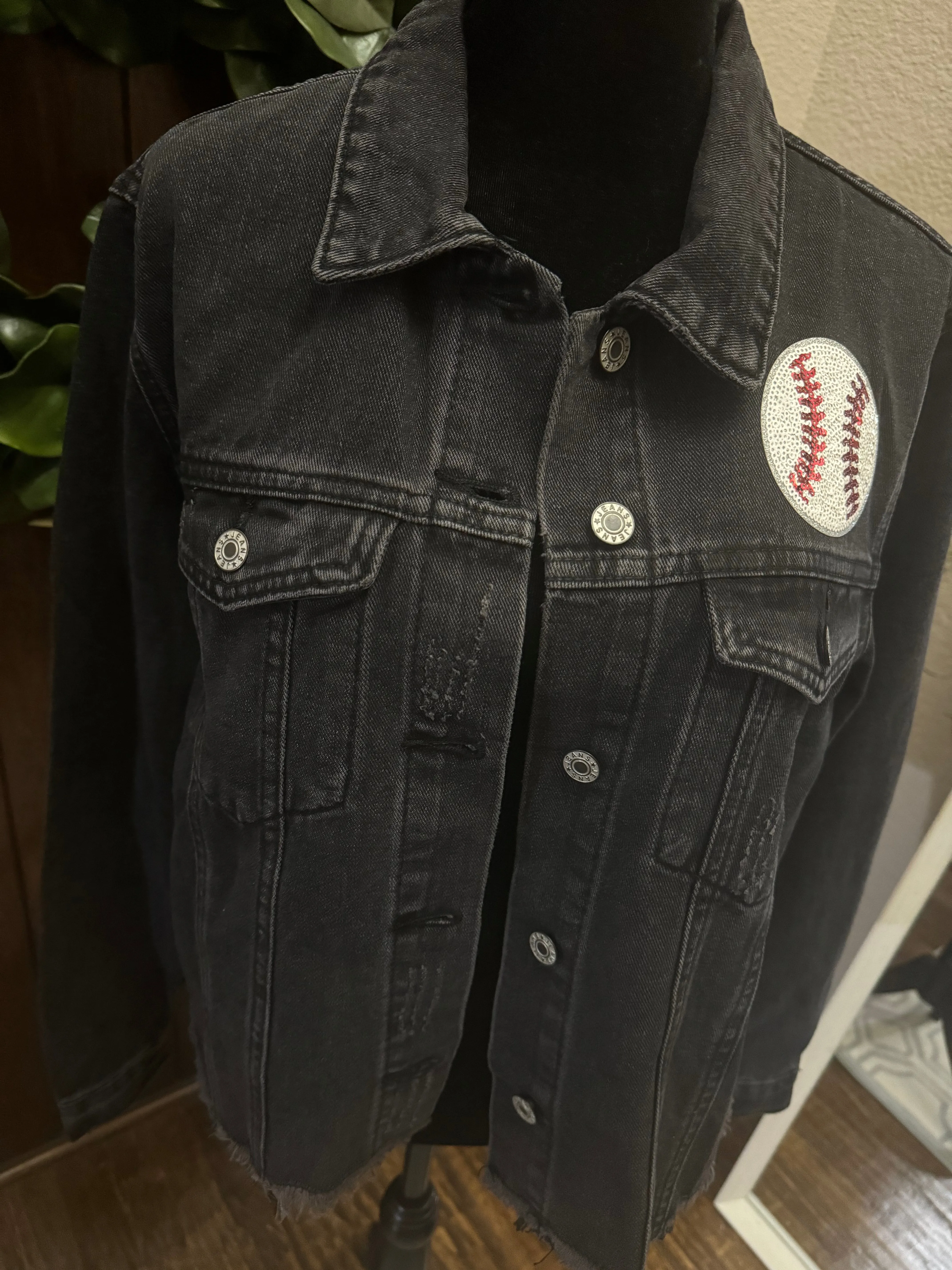 Sequined Black Baseball Denim Jacket