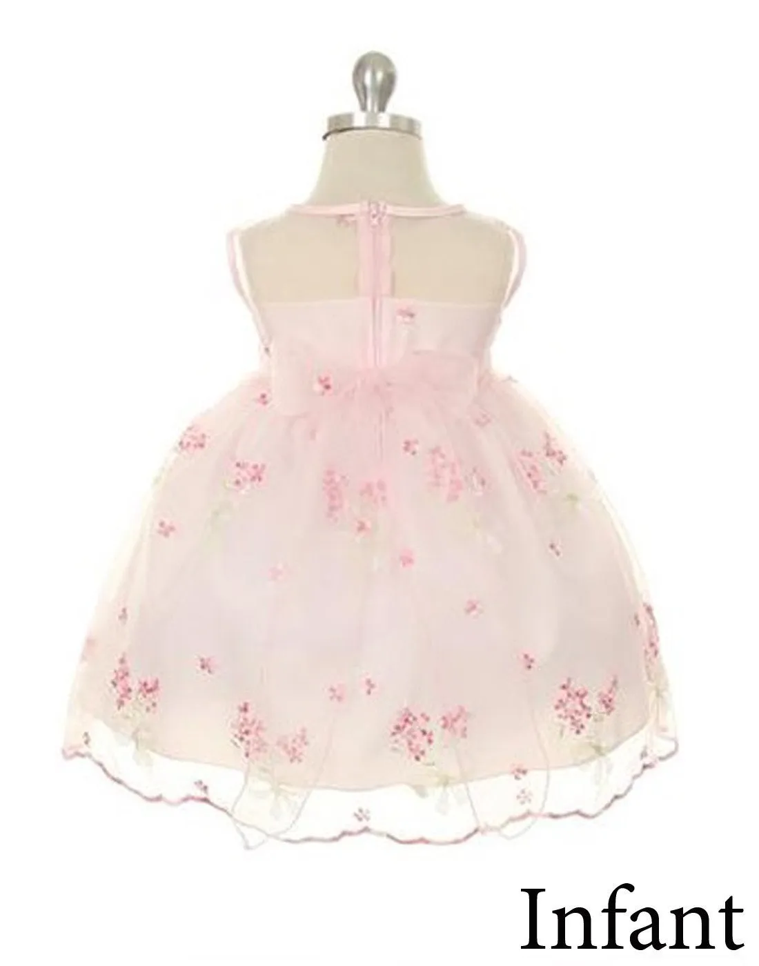 Shimmery Satin Bodice and Floral Embroidered Organza Overlay Skirt Dress - Pink