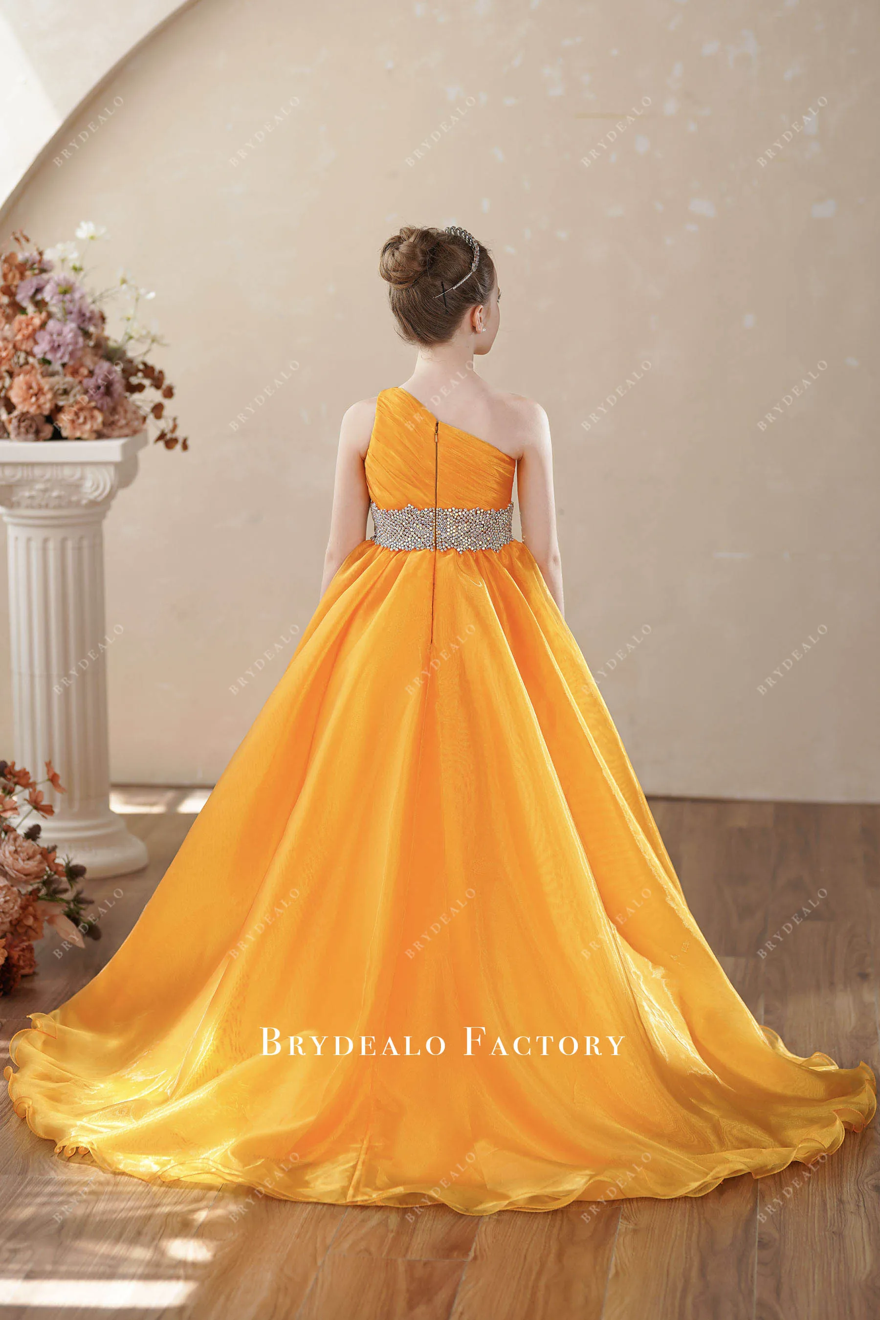 Sleeveless One Shoulder Organza Honey Yellow Young Girl Pageant Dress