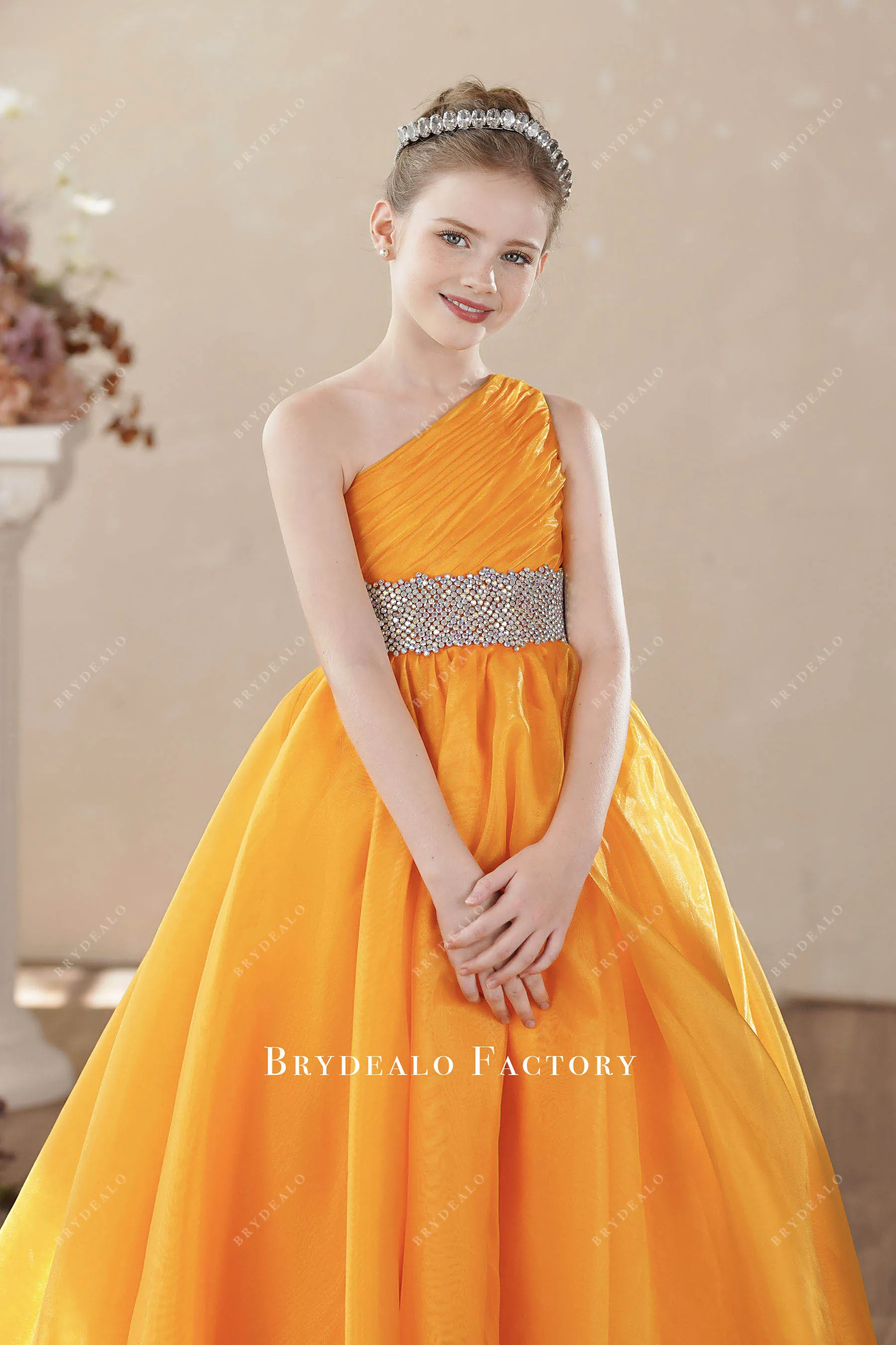 Sleeveless One Shoulder Organza Honey Yellow Young Girl Pageant Dress