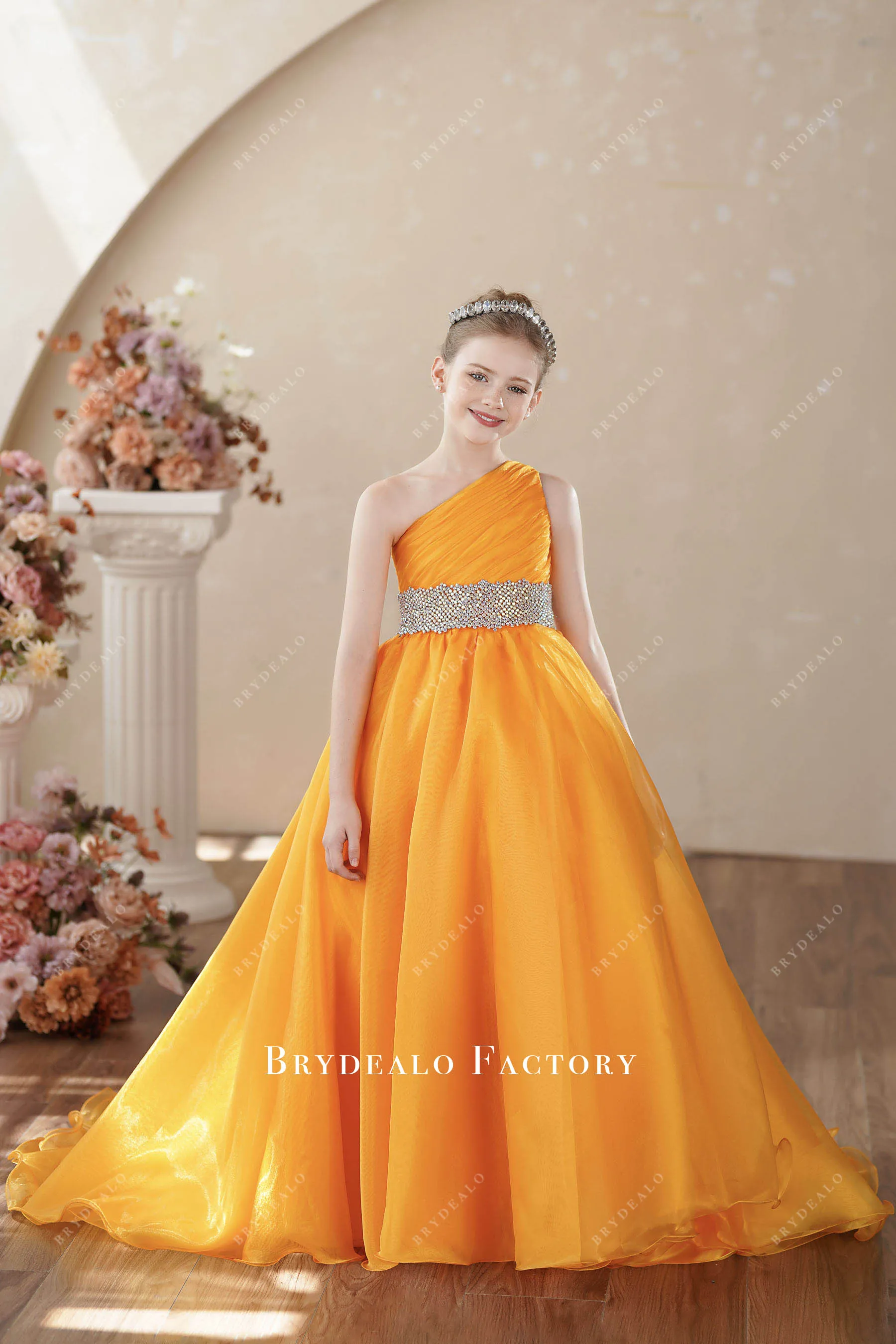 Sleeveless One Shoulder Organza Honey Yellow Young Girl Pageant Dress