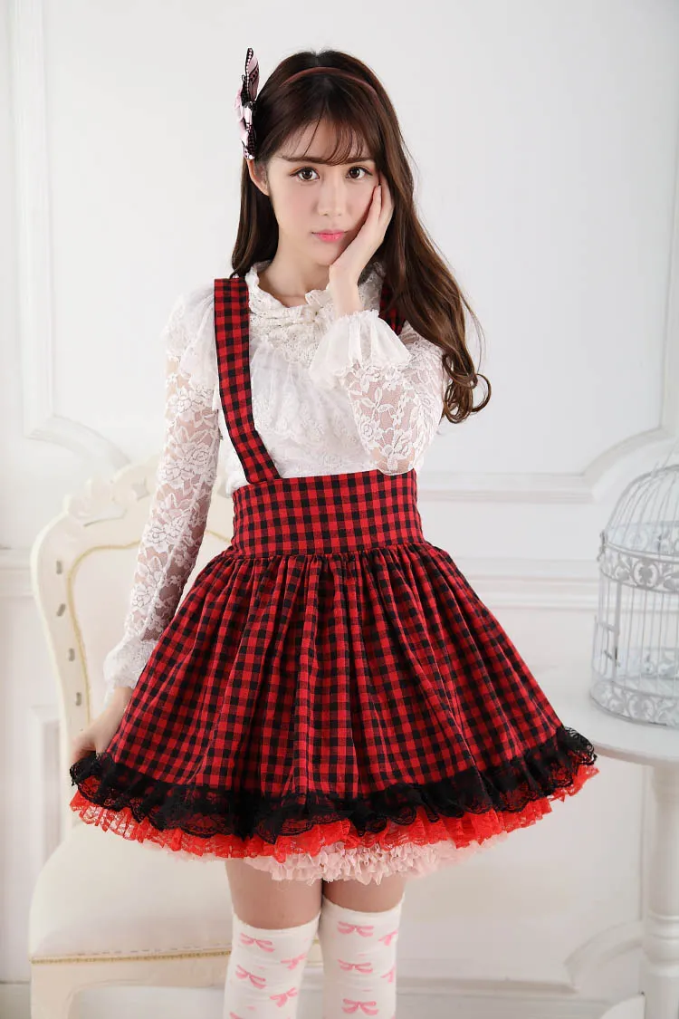 Sweet Japanese Style Super Adorable Red and Black Plaid Pleated Lace Jumper Skirt for Girl