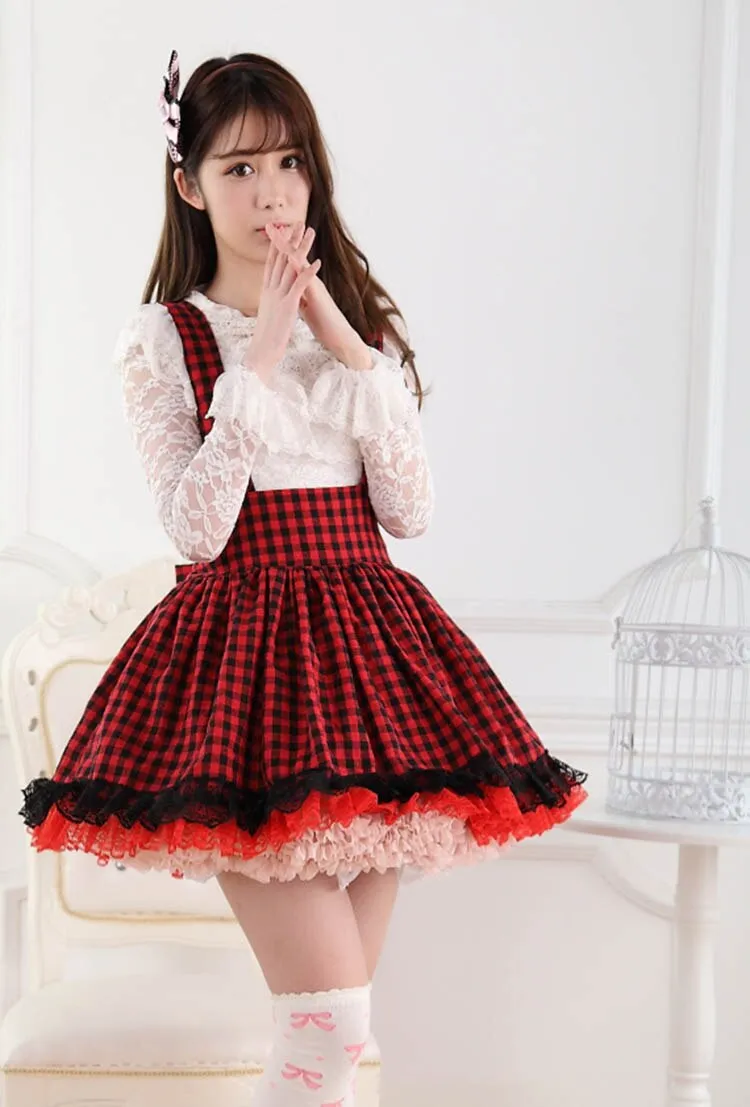 Sweet Japanese Style Super Adorable Red and Black Plaid Pleated Lace Jumper Skirt for Girl