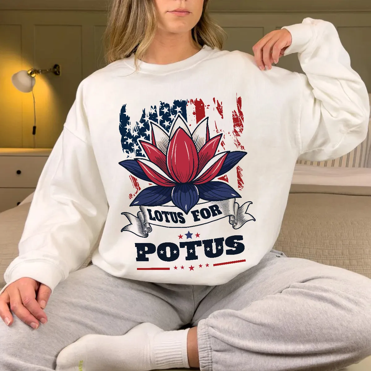 Teesdily | Namaste Lotus Shirt, Lotus For Potus Sweatshirt Hoodie Mug, American Flag Patriot Gift For Women, Girl Power Tee