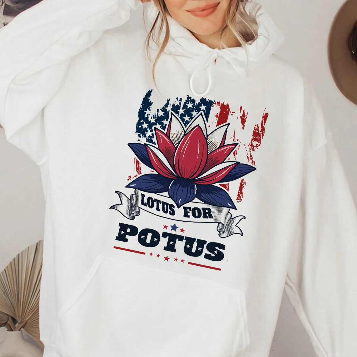 Teesdily | Namaste Lotus Shirt, Lotus For Potus Sweatshirt Hoodie Mug, American Flag Patriot Gift For Women, Girl Power Tee