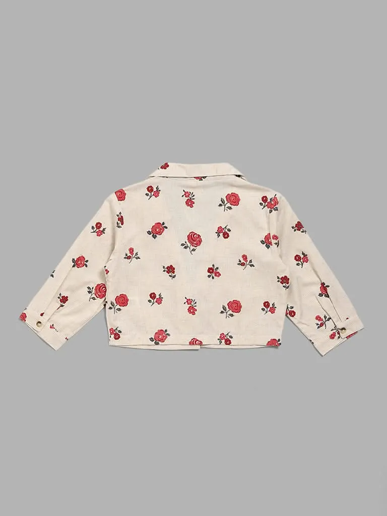 Utsa Kids Off White Floral Printed Crop Jacket (8 -14yrs)