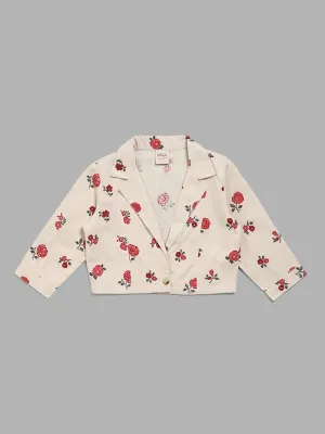 Utsa Kids Off White Floral Printed Crop Jacket (8 -14yrs)