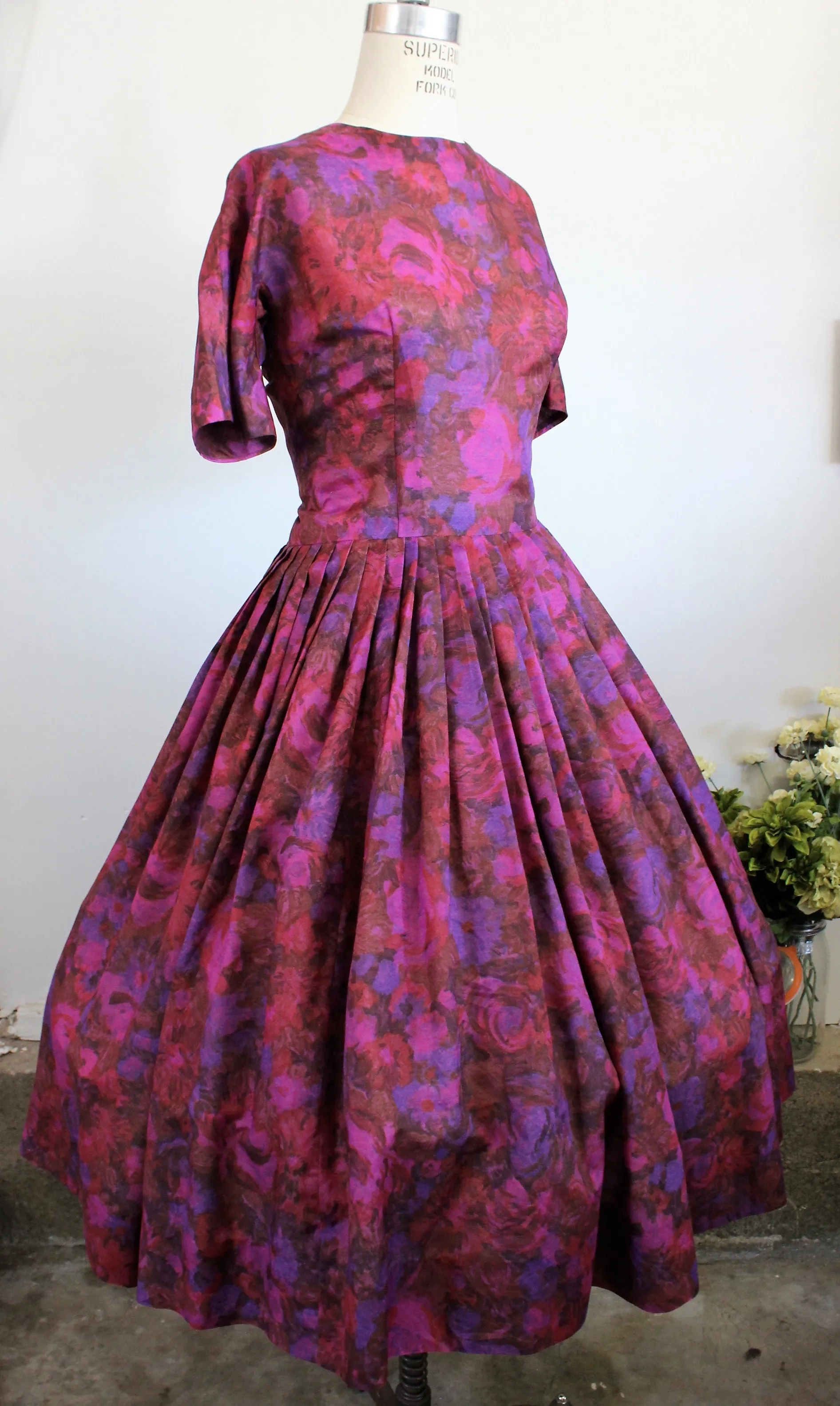 Vintage 1950s Dress Of Purple Flowers