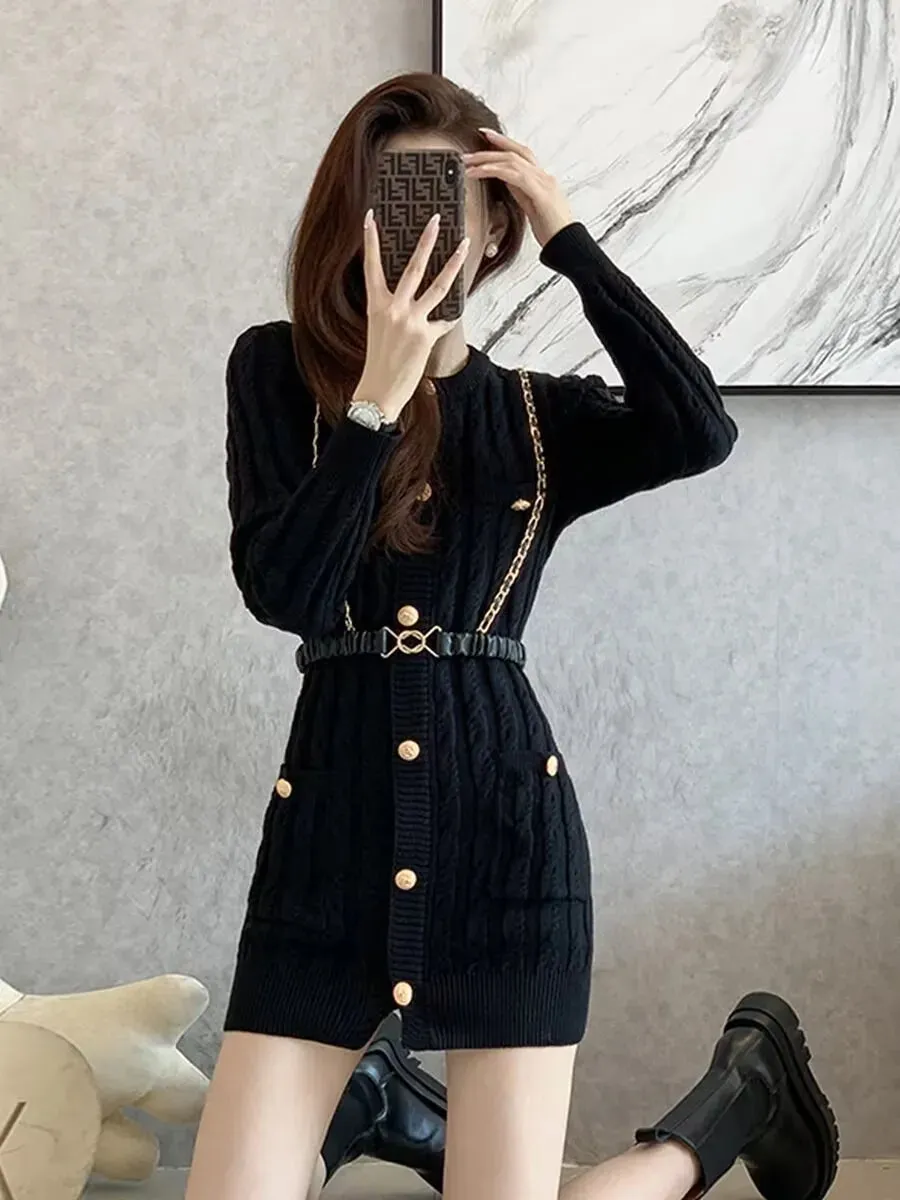 Wenkouban Women's  Knitted Dress, Long Sleeve, Single Breasted, Sexy Short Sweater Dress, Female Knitwear, Office Lady, High Waist