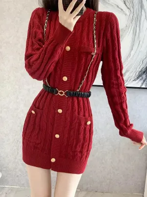 Wenkouban Women's  Knitted Dress, Long Sleeve, Single Breasted, Sexy Short Sweater Dress, Female Knitwear, Office Lady, High Waist