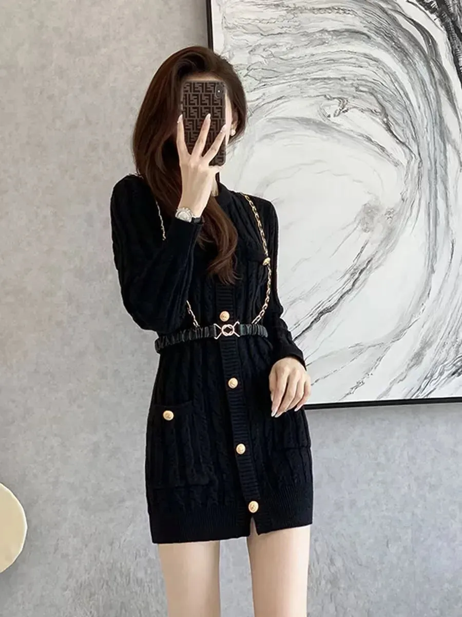 Wenkouban Women's  Knitted Dress, Long Sleeve, Single Breasted, Sexy Short Sweater Dress, Female Knitwear, Office Lady, High Waist