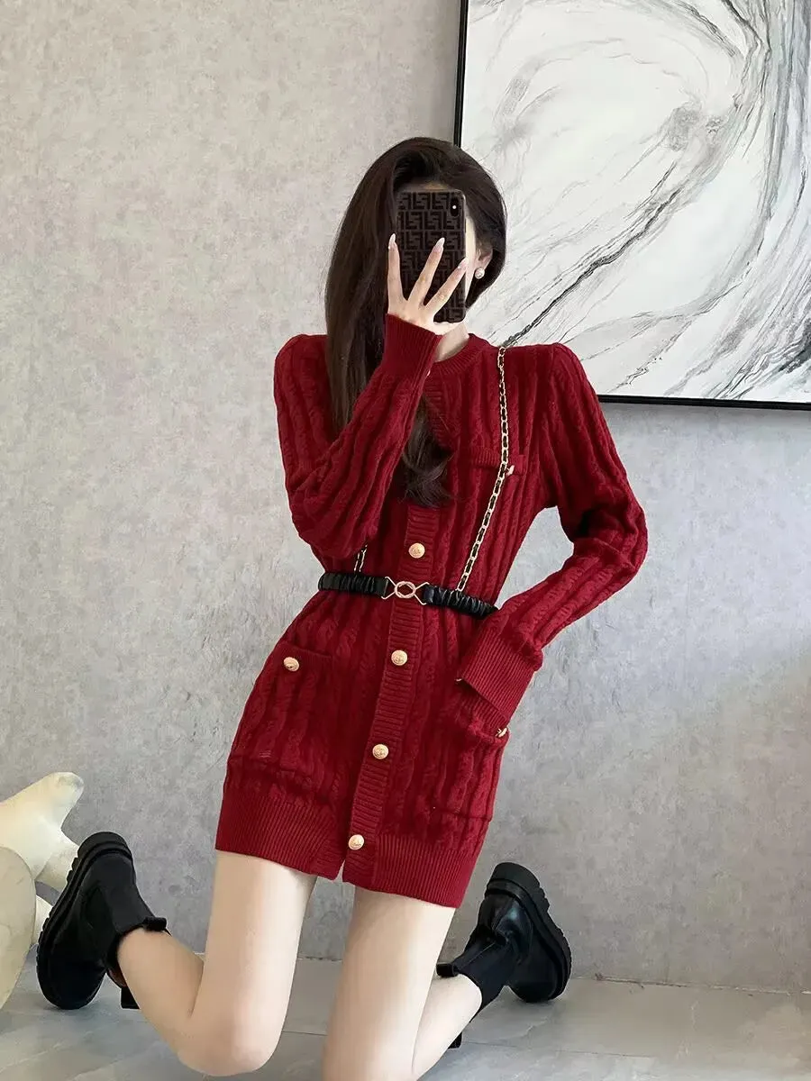 Wenkouban Women's  Knitted Dress, Long Sleeve, Single Breasted, Sexy Short Sweater Dress, Female Knitwear, Office Lady, High Waist