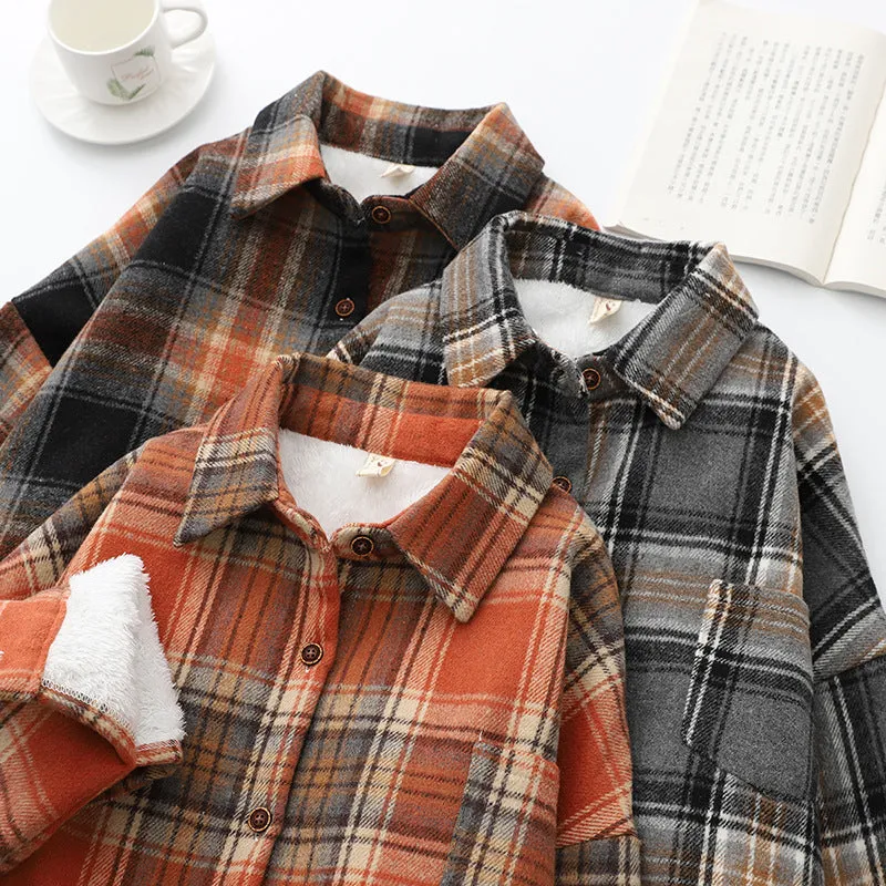 Winter Thick Velvet Plaid Shirts Jackets Women Warm Blouses Tops