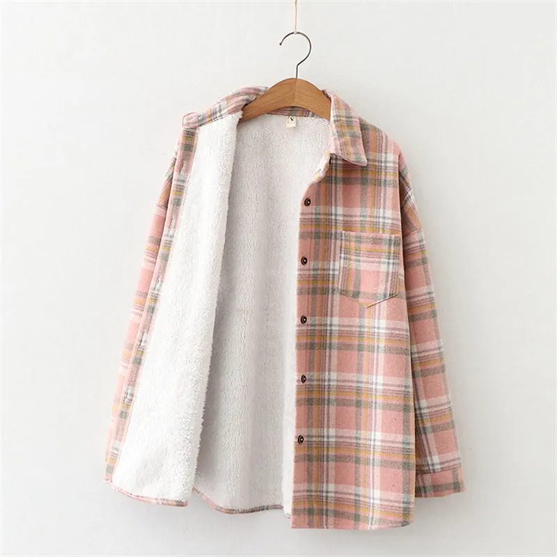 Winter Thick Velvet Plaid Shirts Jackets Women Warm Blouses Tops