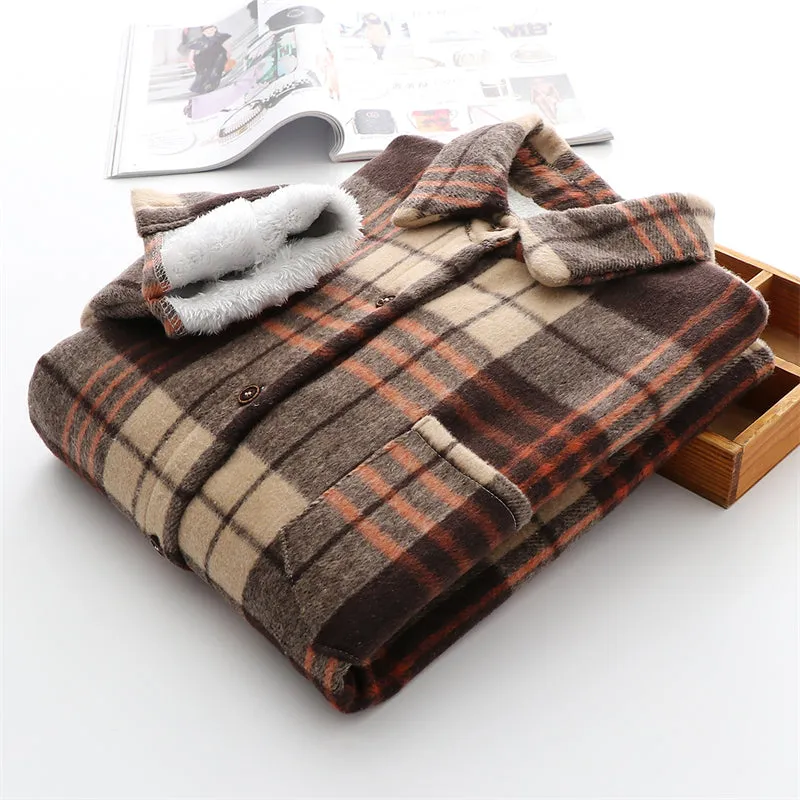 Winter Thick Velvet Plaid Shirts Jackets Women Warm Blouses Tops