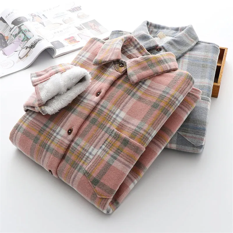 Winter Thick Velvet Plaid Shirts Jackets Women Warm Blouses Tops