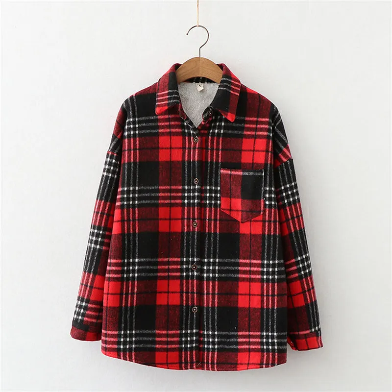 Winter Thick Velvet Plaid Shirts Jackets Women Warm Blouses Tops