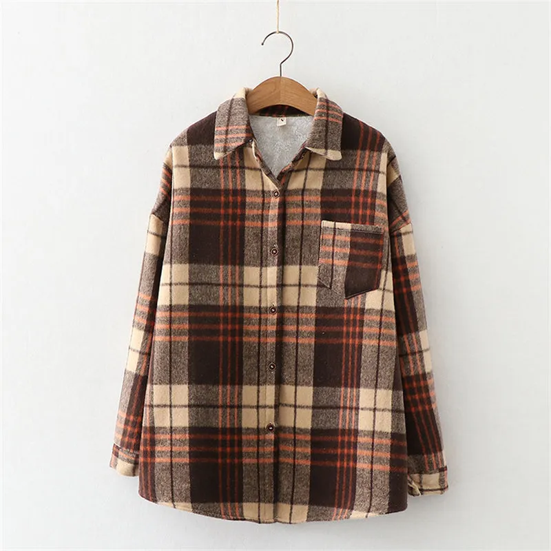 Winter Thick Velvet Plaid Shirts Jackets Women Warm Blouses Tops