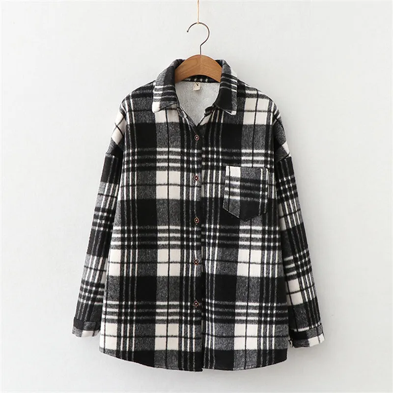 Winter Thick Velvet Plaid Shirts Jackets Women Warm Blouses Tops