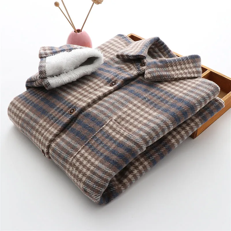 Winter Thick Velvet Plaid Shirts Jackets Women Warm Blouses Tops