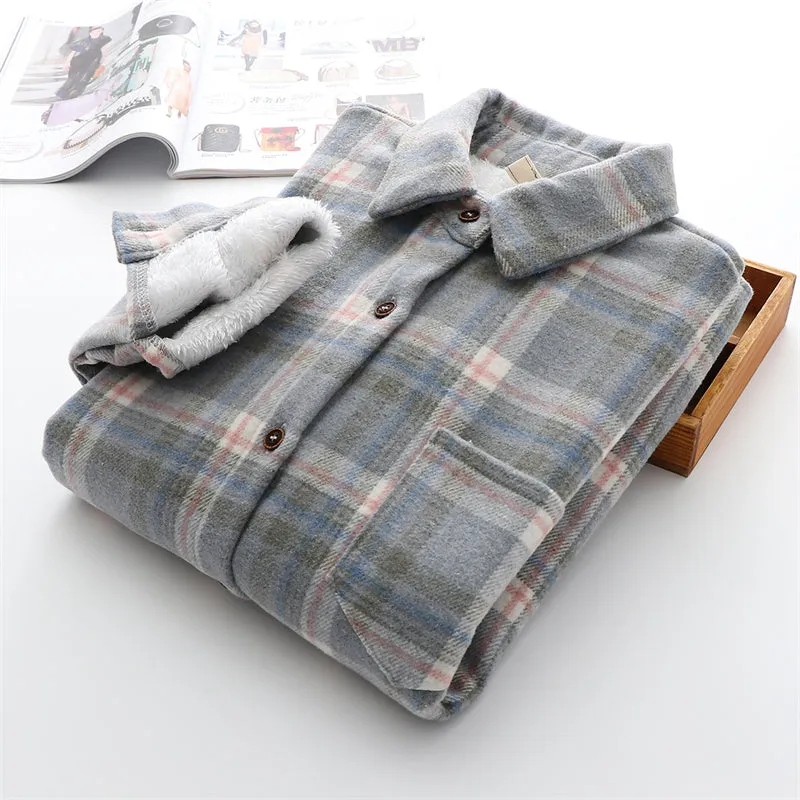 Winter Thick Velvet Plaid Shirts Jackets Women Warm Blouses Tops