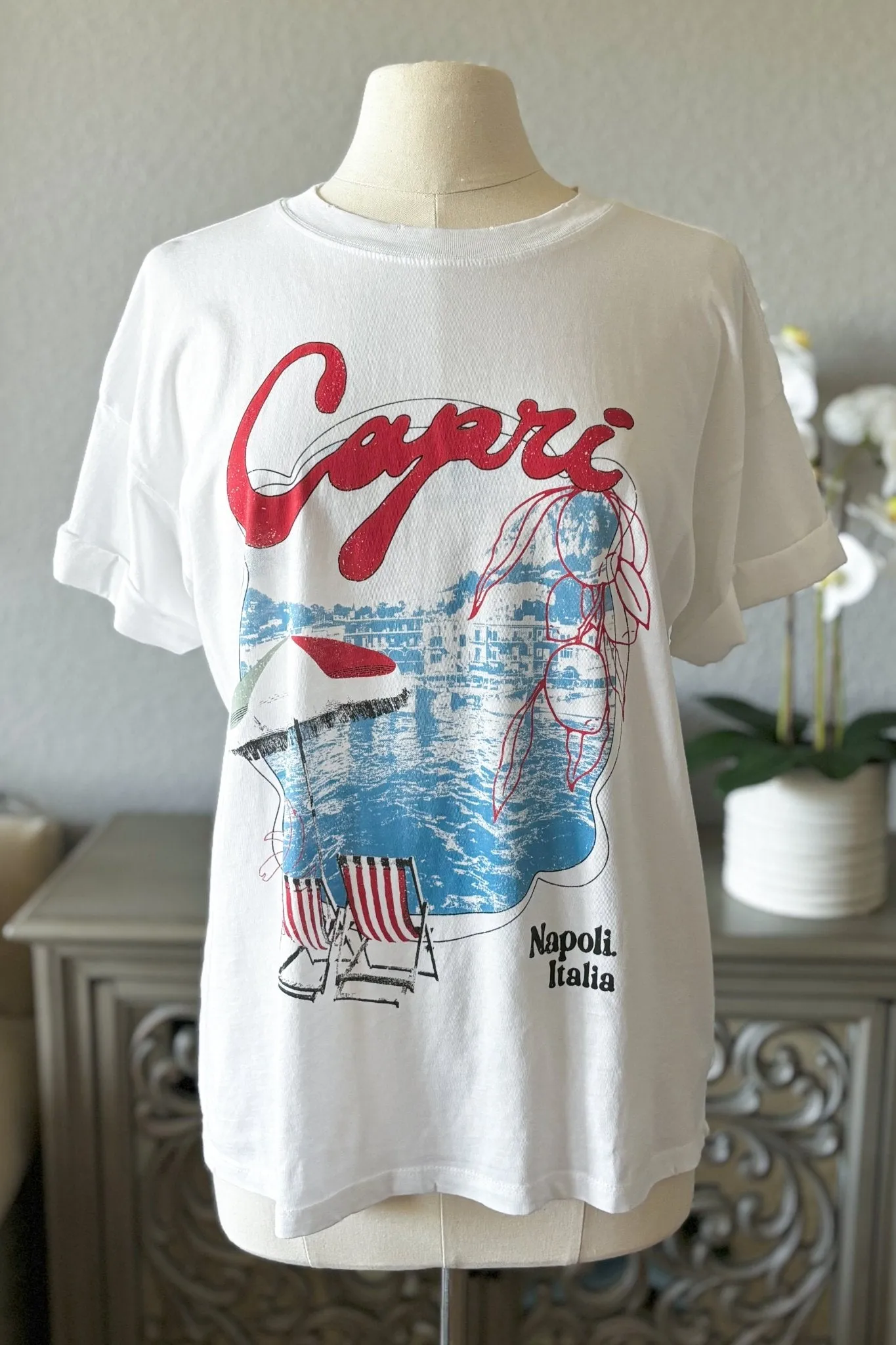 Women's Graphic T-Shirt Top Capri Italy Beach | White